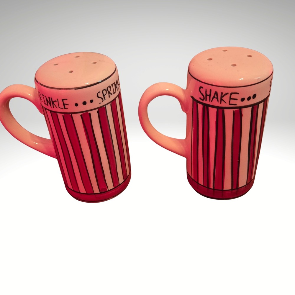 White Red Striped Movie Themed Ceramic Salt and Pepper Shakers with handles